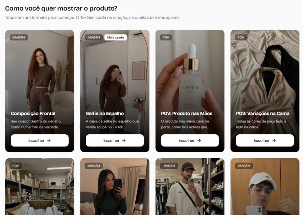Tela do TokGen mostrando a galeria de modelos virais pra escolher